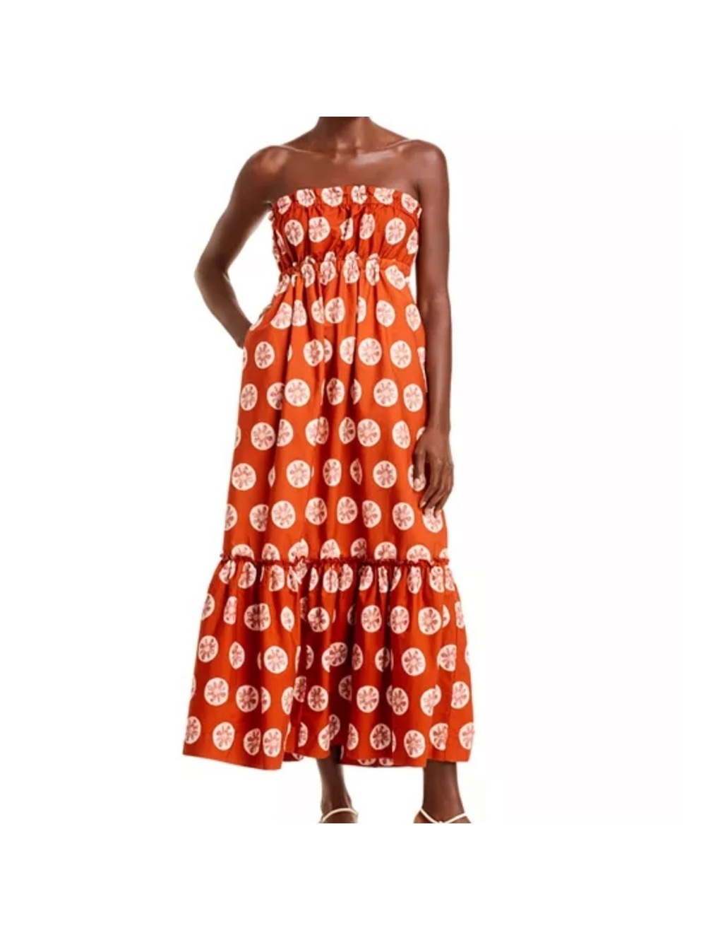 Free People Leanna Strapless Ruffle Maxi Dress rust white Pullover Cotton S